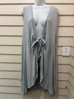 Cato Plus Size Long Light Gray Ribbed Tie-Front Sleeveless Cardigan 22/24W